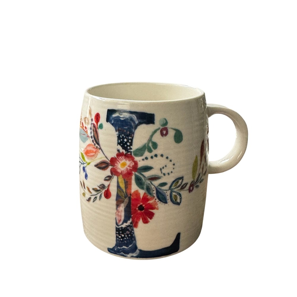 Anthropologie Starla M Halfmann Monogram L Floral Ceramic Coffee Mug Cream Multi